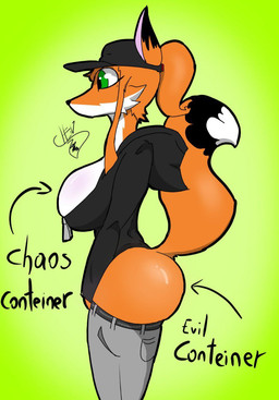 anthro big_breasts big_butt bottomwear bottomwear_down breasts butt clothed clothing female fur green_eyes hair hat headgear headwear neckline open_bottomwear open_clothing open_pants orange_body orange_fur pants pants_down partially_clothed ponytail side_view solo text foxchen evil_container meme_clothing fem_(foxchen) canid canine fox mammal english_text hi_res meme