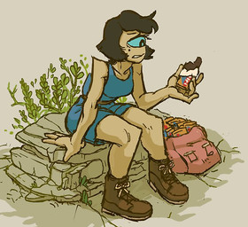 1_eye backpack belt blue_eyes boots breasts clothed clothing disappointed disgust female food footwear hair humor markings mole_(marking) not_furry outside plant rock shoes simple_background sitting solo teeth unknown_artist enemy_quest tgchan polyphema alien cyclops humanoid mammal oculot