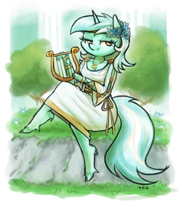 accessory anthro breasts cleavage clothed clothing detailed_background dress female fetlocks flower flower_in_hair fur greek_clothing green_body green_fur green_hair hair hair_accessory holding_lyre holding_musical_instrument holding_object holding_string_instrument hoof_hands hooves horn jewelry lyre musical_instrument necklace plant plucked_string_instrument sitting solo string_instrument tail unguligrade white_clothing white_dress yellow_eyes king-kakapo friendship_is_magic hasbro my_little_pony mythology lyra_heartstrings_(mlp) equid equine mammal mythological_creature mythological_equine unicorn 2016