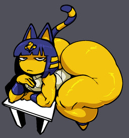 anthro bandage bent_over big_butt black_eyes blue_body blue_fur blue_hair bottom_heavy butt female front_view fur grey_background hair huge_butt looking_at_viewer markings simple_background solo striped_markings striped_tail stripes tail tail_markings thick_thighs uraeus wide_hips yellow_body yellow_fur nanodude78 animal_crossing nintendo ankha_(animal_crossing) domestic_cat felid feline felis mammal 2025 digital_media_(artwork)