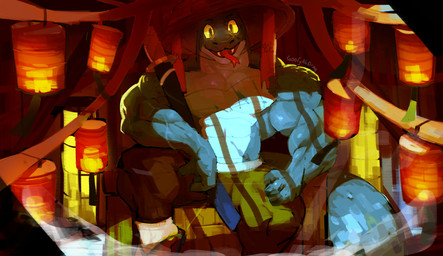 3_fingers anthro asian_clothing asian_conical_hat big_muscles blue_scabbard bottomwear clothing countershade_torso countershading detailed_background east_asian_clothing elbow_on_thigh fangs fingers footwear forked_tongue geta glowing glowing_eyes green_bottomwear green_clothing green_eyes green_pants hand_on_leg hand_on_own_leg hand_on_own_thigh hand_on_thigh hat headgear headwear interior_background japanese_clothing lamp lantern male muscular muscular_male open_mouth open_smile pants pants_only paper_lantern sheathed_sword sitting smile socks solo tail teal_body teal_scales teeth text tongue tongue_out vein veiny_muscles white_body white_clothing white_countershading white_footwear white_socks yellow_eyes goofyahdragons reptile scalie snake 2025 artist_name chinese_text full-length_portrait hi_res portrait