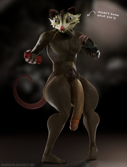 anthro athletic athletic_anthro athletic_male blurred_background brown_body brown_fur bulging_eyes clothing explosives fingerless_gloves fur furless_tail genitals gloves handwear long_penis male nude penis solo text thick_thighs whiskers white_body white_fur darwinthejockey dollymolly323_(modeler) epic_games fortnite skillet_(fortnite) american_opossum mammal marsupial virginia_opossum 3d_(artwork) digital_media_(artwork) english_text hi_res