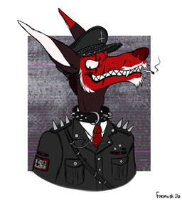 accessory anthro clothing collar cross facial_scar inverted_cross leather male military military_uniform necktie scar smoking solo spiked_collar spikes uniform droptineart sobek_(foxmusk)