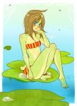 anthro barefoot biped blue_eyes blush breasts clothed clothing feet female green_body green_skin lily_pad non-mammal_breasts outside plant skimpy solo swamp underwear water glider_(artist) frogela ambient_arthropod ambient_fly ambient_insect amphibian arthropod fly_(animal) frog insect