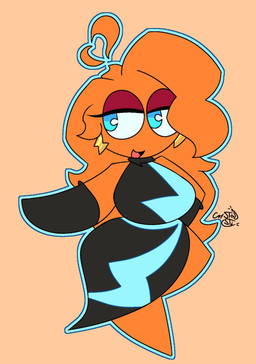 anthro anthrofied armwear black_clothing black_dress blue_eyes breasts clothed clothing dress ear_piercing ear_ring elbow_gloves eyelashes eyeshadow female gloves handwear makeup open_mouth orange_background orange_body piercing pokemorph pose pseudo_hair red_eyeshadow ring_piercing simple_background smile solo wide_hips crystalstic nintendo pokemon mau_(crystalstic) generation_4_pokemon pokemon_(species) rotom 2025 digital_media_(artwork) hi_res