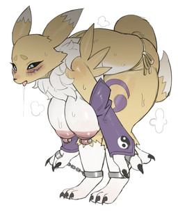 anthro areola biped bodily_fluids bound breasts clothed clothing drooling female fur nipples panties saliva shackled simple_background solo sweat tail thick_thighs tongue tongue_out underwear white_background yellow_body jingzhou14848 bandai_namco digimon digimon_(species) renamon