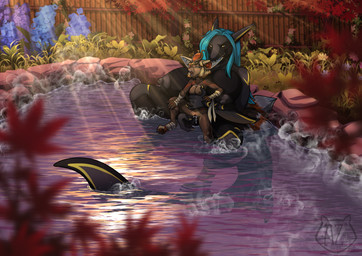 anthro bite blonde_hair blue_hair brown_body brown_fur duo ear_bite female female/female fingering flower fur hair hot_spring multicolored_body outside outside_sex plant sex size_difference vaginal vaginal_fingering water azaleesh aquatic canid canine fennec_fox fish fox mammal shark true_fox absurd_res hi_res