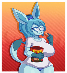 4_fingers anthro bag_of_chips bedroom_eyes belly big_breasts blue_clothing blue_hair blue_lipstick blue_panties blue_underwear breasts chips_(food) clothing eating eyelashes eyewear female fingers food glasses hair huge_breasts lipstick looking_at_viewer makeup narrowed_eyes nerd panties ponytail seductive shirt slightly_chubby smile solo thick_thighs topwear underwear white_clothing white_shirt white_topwear mintyspirit nintendo pokemon neelu_(sin_cyan06) eeveelution generation_4_pokemon generation_9_pokemon glaceon pokemon_(species) scovillain 2026 absurd_res digital_media_(artwork) hi_res