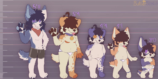 anklet anthro black_hair bodily_fluids boxers_(clothing) bracelet brown_hair chart clothing collar diaper drooling family fangs floppy_ears fluffy fur group hair height_chart jewelry kerchief long_hair male multicolored_body multicolored_fur pointy_ears saliva short_hair slightly_chubby teeth underwear white_body white_fur young bwuhterscotch aroni_(bwuhterscotch) kuro_(bwuhterscotch) scotch_(bwuhterscotch) spade_(bwuhterscotch) spur_(bwuhterscotch) border_collie canid canine canis collie domestic_dog herding_dog hybrid mammal mixed_breed old_english_sheepdog pastoral_dog sheepdog absurd_res hi_res model_sheet