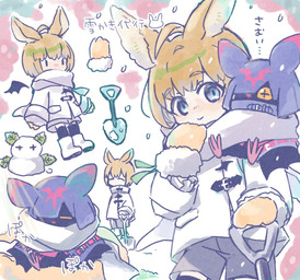 anthro black_body black_fur blonde_hair blush cloak clothing cowl duo fur hair jacket male scarf smile snow text topwear winter ebiebionigiri bandai_namco digimon makoto_kuonji bat chiropmon digimon_(species) human mammal hi_res japanese_text