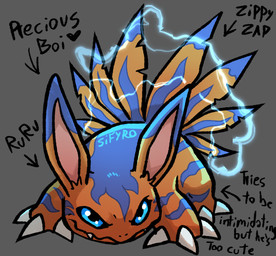 blue_eyes claws electricity feathers fur long_ears red_body red_fur strips text blitzdrachin conditional_dnp bandai_namco digimon digimon_(species) elecmon monster 2025 digital_drawing_(artwork) digital_media_(artwork) english_text