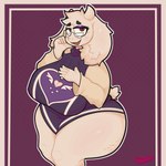 1:1 absurd_res anthro big_breasts blush boss_monster_(undertale) bovid breasts caprine catboyz clothed clothing digital_media_(artwork) eyewear female fur glasses goat hi_res horn huge_breasts looking_at_viewer mammal mature_anthro mature_female open_mouth simple_background smile solo tail thick_thighs toriel undertale undertale_(series) white_body white_fur