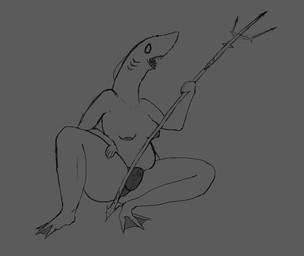 anthro bulge clothed clothing feet gynomorph intersex melee_weapon membrane_(anatomy) no_pupils panties panties_only polearm solo toes topless translucent translucent_clothing trident underwear underwear_only weapon webbed_feet warprat aquatic eel fish shark monochrome
