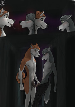 abandoned_building aisle anthro bodily_fluids brown_eyes duo ears_back ears_up erection excited eye_contact genitals green_eyes humanoid_genitalia looking_at_another looking_down male male/male pivoted_ears saliva saliva_on_tongue saliva_string smile wolfyalex96 alex_(wolfyalex96) leo_(wolfyalex96) alaskan_malamute canid canine canis domestic_dog mammal nordic_sled_dog spitz wolf hi_res