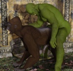 all_fours anal anal_penetration bald balls bodily_fluids cum doggystyle duo feral from_behind_position genital_fluids genitals glans green_body green_skin hairy half-erect humanoid_genitalia humanoid_penis interspecies male male/male male_penetrated male_penetrating male_penetrating_male muscular open_mouth penetration penis precum sex side_view tusks black_howler ape gorilla haplorhine humanoid mammal orc primate 3d_(artwork) digital_media_(artwork)