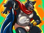 abstract_background anthro barazoku black_nipples blue_bottomwear blue_clothing blue_eyes blue_pants bottomwear bracelet briefs bulge cape chin_piercing claws clothed clothing countershading detailed_bulge facial_piercing fur gem gold_(metal) gold_bracelet gold_jewelry grey_body grey_fur holding_bottomwear holding_clothing holding_object holding_pants humor jewelry joke labret_piercing lip_piercing looking_at_viewer male multicolored_body multicolored_fur navel nipples open_mouth pants piercing playful sharp_teeth smile smiling_at_viewer solo teeth teeth_showing tighty_whities tongue tongue_showing topless touching_bulge touching_underwear two_tone_body two_tone_fur underwear undressing whiskers white_briefs white_clothing white_underwear wordplay fruitz adastra adastra_(series) echo_project amicus_(adastra) canid canine canis mammal wolf 4:3