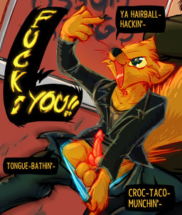 5_fingers animal_genitalia animal_penis balls boxers_(clothing) canine_genitalia canine_penis clothing clothing_pull duo erection fangs fingers flashing genitals gesture hand_gesture humor jacket knot male middle_finger penis profanity solo_focus teeth topwear underwear underwear_pull whiskers yelling frist44 night_in_the_woods angus_delaney gregg_lee canid canine fox mammal hi_res