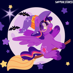 broom cleaning_tool clothing female feral fetlocks hat headgear headwear moon night smile smiling_at_viewer solo star witch_hat sapphicstarss friendship_is_magic hasbro my_little_pony twilight_sparkle_(mlp) bat mammal 1:1 hi_res