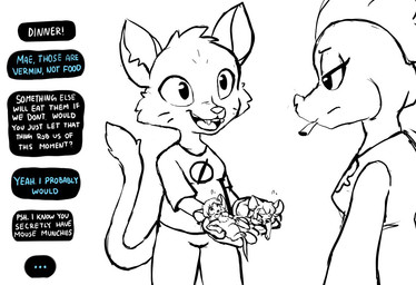 ambiguous_gender anthro biped breasts cigarette cigarette_in_mouth clothing dialogue extreme_size_difference female feral group head_spines head_tuft imminent_oral_vore imminent_vore notched_ear object_in_mouth open_mouth open_smile scared shirt size_difference smile t-shirt tail text topwear tuft muhny night_in_the_woods bea_santello mae_borowski crocodile crocodilian domestic_cat felid feline felis mammal mouse murid murine reptile rodent scalie 2018 digital_drawing_(artwork) digital_media_(artwork) english_description english_text restricted_palette