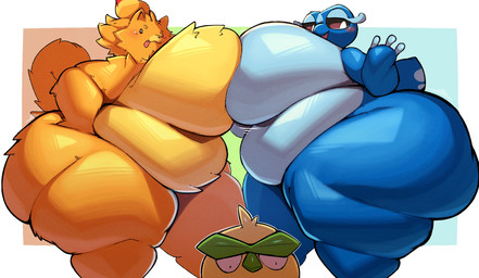 ambiguous_gender anthro beak belly belly_overhang big_belly big_breasts big_butt black_eyes black_nose black_sclera blue_background blue_body blue_tail blush border breast_squish breasts breasts_frottage butt eyebrows female female/female female_anthro green_background green_beak green_eyebrows group hair hand_on_hip hand_on_own_hip huge_belly huge_breasts huge_butt huge_thighs hyper hyper_breasts hyper_butt hyper_thighs leaf leaf_eyebrows multicolored_body non-mammal_breasts obese obese_anthro open_mouth open_smile orange_body orange_hair orange_tail overweight overweight_anthro overweight_female purple_sclera red_background red_mouth red_tongue simple_background smile squish tail tan_body thick_thighs tongue tongue_out trio two_tone_body white_border white_eyes lightmizano nintendo pokemon pokemon_winds_and_waves avian browt canid canine gecqua generation_10_pokemon mammal pokemon_(species) pombon reptile scalie 2026 colored digital_drawing_(artwork) digital_media_(artwork) hi_res shaded