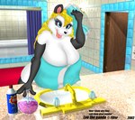 anthro bathroom bathroom_tiles bathtub big_breasts blonde_hair blue_eyes breasts detailed_background drying drying_hair eyelashes female hair looking_up mostly_nude open_mouth shower_curtain sink soap solo tap text towel badgerben lee_(badgerben) bear giant_panda mammal english_text