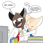 1:1 aggretsuko anthro blush bran-draws-things canid canine duo eyebrows eyes_closed female fennec_fox fenneko fox haida_(aggretsuko) hi_res hyena male male/female mammal necktie raised_eyebrow sanrio simple_background spotted_hyena true_fox