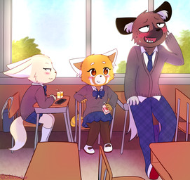 alternate_universe anthro beverage blush bodily_fluids bottomwear brown_body brown_fur chair cheek_tuft classroom clothed clothing desk detailed_background facial_tuft female fully_clothed fur furniture group head_tuft holding_beverage holding_object inner_ear_fluff inside juice_box light male necktie pants school school_uniform shirt sitting sweat sweatdrop table tan_body tan_fur topwear tuft uniform window yellow_body yellow_fur young young_anthro stiliano aggretsuko sanrio fenneko haida_(aggretsuko) retsuko ailurid canid canine fennec_fox fox hyena mammal red_panda spotted_hyena true_fox 2018 hi_res lighting