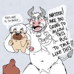 5_fingers angry anthro barely_visible_genitalia barely_visible_penis blush chain duo_focus exclamation_point fingers genitals group horn jewelry lock male muscular muscular_male navel necklace nipple_piercing nipples nude open_mouth pecs penis penis_base piercing text yelling taoren bovid bovine canid canine canis cattle domestic_dog mammal 1:1 2018 english_text