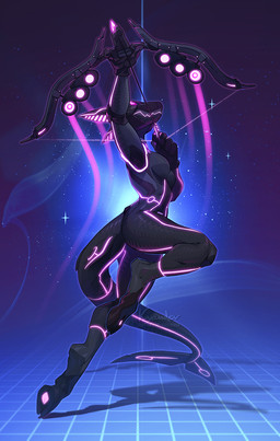 5_fingers anthro arrow_(weapon) bow_(weapon) female fighting_pose fingers floating glowing glowing_markings grin hooves jumping looking_up machine markings mecha pose purple_markings ranged_weapon science_fiction shark_tail smile solo star underhoof weapon kyander android robot 2020 digital_media_(artwork) hi_res