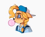 anthro backwards_baseball_cap backwards_hat baseball_cap blonde_hair blowing_bubble_gum blue_eyeshadow braided_hair braided_ponytail bubble bubble_gum candy clothing dessert eyeshadow female food gum hair hat headgear headwear inflating makeup markings mole_(marking) oil ponytail simple_background solo white_background alaynakgray activision crash_bandicoot_(series) crash_team_racing_(series) crash_team_racing_nitro-fueled isabella_bandicoot bandicoot mammal marsupial 2020 6:5 headshot_portrait portrait