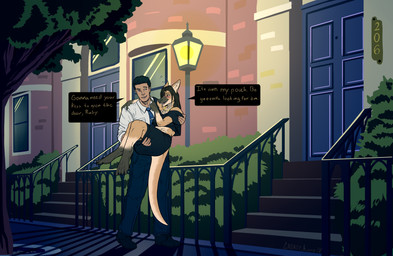anthro bottomwear bridal_carry brown_eyes brown_hair carrying_another chest_tuft clothed clothing detailed_background digitigrade drunk duo female hair human_on_anthro interspecies long_hair male male_on_anthro open_mouth skirt substance_intoxication tail text thick_tail tuft mainlinemojo ruby_(comfycreations) human kangaroo macropod mammal marsupial 2019 absurd_res english_text hi_res