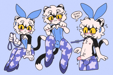 :3 anthro balls_outline bedroom_eyes black_body black_fur blue_background blue_clothing blush bulge bunny_costume chest_tuft clothed clothing collar costume countershading crossdressing cuffs_(clothing) detailed_bulge eyelashes femboy footwear fur genital_outline genitals good_boy hair high_heels leaking_penis leash leash_pull leotard male markings multicolored_body multicolored_fur multicolored_tail narrowed_eyes nervous nipples pattern_clothing paw_pose penis playboy_outfit pose seductive shoes simple_background sitting solo speech_bubble tail text tuft whisker_markings white_body white_fur white_hair yellow_sclera popstick pop_(popstick) domestic_cat felid feline felis mammal 2023 english_text hi_res sequence