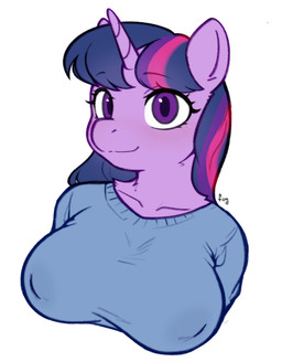 anthro big_breasts blush breasts clothing female horn looking_at_viewer neck_tuft simple_background smile smiling_at_viewer soft_smile solo sweater topwear tuft fog_(artist) friendship_is_magic hasbro my_little_pony mythology twilight_sparkle_(mlp) equid equine mammal mythological_creature mythological_equine unicorn bust_portrait hi_res portrait
