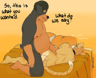 5_fingers after_sex age_difference anal anal_penetration anthro bed belly big_belly black_body black_fur black_hair black_nose brown_body brown_fur butt daddy_kink dialogue dominant duo fingers fur furniture genitals hair lying male male/male mature_male mullet on_bed on_side orange_background overweight penetration penis pink_nose simple_background size_difference striped_body striped_fur stripes submissive tan_body tan_fur whisker_spots white_body white_fur p_rindustries chuck_(p_rindustries) will_(p_rindustries) canid canine canis dobermann domestic_cat domestic_dog felid feline felis mammal pinscher hi_res signature