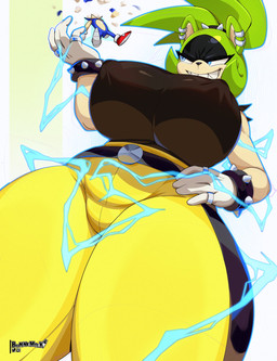 anthro big_breasts biped breasts clothed clothing ear_piercing electricity female hand_on_hip huge_breasts low-angle_view nipple_outline piercing pupils sharp_teeth simple_background smile solo teeth thick_thighs yellow_clothing bunnemilk idw_publishing sega sonic_the_hedgehog_(comics) sonic_the_hedgehog_(idw) sonic_the_hedgehog_(series) sonic_the_hedgehog surge_the_tenrec afrosoricid eulipotyphlan hedgehog mammal tenrec absurd_res hi_res