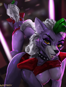 anthro breasts butt clothed clothing clothing_lift collar eyebrows eyelashes female fur genitals humanoid_genitalia humanoid_vulva inside kneeling looking_at_viewer markings medium_breasts mirror nipples partially_clothed purple_body purple_fur raised_tail sharp_teeth shirt shirt_lift smile smiling_at_viewer solo spiked_collar spikes tail teeth topwear vulva yellow_eyes ratatooey five_nights_at_freddy's five_nights_at_freddy's:_security_breach scottgames steel_wool_studios roxanne_wolf canid canine canis mammal wolf 2021 digital_media_(artwork) digital_painting_(artwork) hi_res painting_(artwork) shaded signature