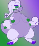 3_toes 5:6 absurd_res anthro breasts claws crouching fan_character feet female generation_6_pokemon genitals goodra green_eyes hi_res horn nintendo pinup pokemon pokemon_(species) pose purple_body pussy semi-anthro simple_background solo toes velvet706 velvet_the_gooey_dragon