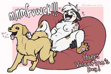 abdominal_bulge accessory anthro anthro_on_feral ass_to_ass bean_bag bestiality black_ears bodily_fluids breasts breath clitoral_hood dialogue drooling duo fangs feet female female_anthro feral fur genital_fluids genitals hair headband heart_symbol holidays humanoid_genitalia humanoid_vulva knotting male male/female multicolored_body multicolored_fur navel nipples nude open_mouth open_smile panting pawpads penetration penis penis_backwards pink_nipples pink_vulva pleased saliva simple_background smile sound_effects spread_toes star stuck tan_body tan_fur tattoo teeth text toes tongue tuft vaginal vaginal_fluids vaginal_knotting vaginal_penetration vulva white_hair spudnikmutt valentine's_day emily_(spudnikmutt) spud_(spudnikmutt) bird_dog canid canine canis domestic_cat domestic_dog felid feline felis golden_retriever hunting_dog mammal retriever 2020 colored digital_drawing_(artwork) digital_media_(artwork) english_text hi_res signature