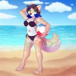 anthro ball beach beach_ball bikini clothing cloud female inflatable pool_toy seaside sky solo swimwear two-piece_swimsuit strawberryneko animate_inanimate canid canine canis living_inflatable mammal wolf 1:1 hi_res