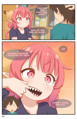 2_horns 2_panel_comic big_breasts blush blush_lines breasts brown_hair curved_horn duo female finger_in_mouth hair horn huge_breasts humanoid_pointy_ears inside light-skinned_female long_hair male page_number pigtails pointy_ears pupils red_eyes red_hair sharp_teeth short_hair slit_pupils speech_bubble spread_mouth steamy_breath tan_body tan_skin teeth text yellow_horn greatm8sfm miss_kobayashi's_dragon_maid mythology ilulu taketo_aida animal_humanoid dragon dragon_humanoid human humanoid mammal mythological_creature mythological_scalie scalie 2023 absurd_res colored comic hi_res shaded