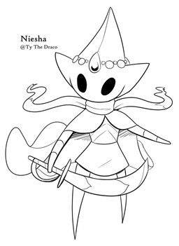 anthro biped black_eyes black_text cloak clothed clothing empty_eyes female gem holding_melee_weapon holding_object holding_sword holding_weapon horn melee_weapon scarf simple_background solo standing sword text weapon white_background latiar hollow_knight_(franchise) team_cherry arthropod english_text hi_res monochrome