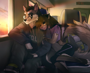 anthro backpack brown_hair clock clothed clothing duo eyes_closed female footwear hair hug inside_train jacket long_hair male public_transportation romantic romantic_ambiance romantic_couple shoes sleeping sunset topwear train vehicle koul canid canine mammal