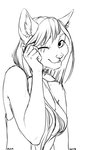 5_fingers anthro breasts clothed clothing eyebrows eyelashes female fingers hair scar smile solo taurusart domestic_cat felid feline felis mammal digital_media_(artwork) hi_res monochrome