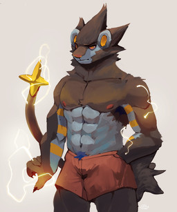 abs anthro anthrofied big_muscles black_body black_fur blue_body boxers_(clothing) clothing electricity fur male muscular muscular_male simple_background solo tail underwear yellow_eyes ellixonn nintendo pokemon felid generation_4_pokemon luxray mammal pokemon_(species) 5:6 absurd_res hi_res