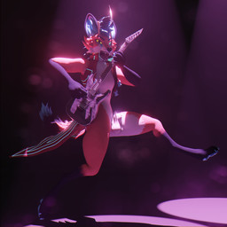 anthro clothed clothing dancing electric_guitar femboy flaccid genitals guitar horn male musical_instrument partially_clothed penis plucked_string_instrument solo spotlight string_instrument wings sanythefox sany_van_fox lagomorph mammal wolpertinger 1:1 3d_(artwork) digital_media_(artwork) hi_res