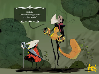 ambiguous_gender annoyed antennae_(anatomy) anthro arthropod_abdomen black_body bodily_fluids cloak clothing dialogue duo empty_eyes hornet's_needle looking_at_another looking_down looking_down_at_another looking_up_at_another map outside red_cloak red_clothing ring_(jewelry) size_difference speech_bubble swamp sweat sweatdrop text white_body yellow_body drawingmeebo hollow_knight:_silksong hollow_knight_(franchise) team_cherry hornet_(hollow_knight) shakra_(hollow_knight:_silksong) arthropod insect 2025 4:3 absurd_res artist_name digital_drawing_(artwork) digital_media_(artwork) english_text hi_res female_(lore)