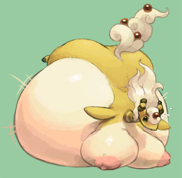 belly big_belly big_breasts breasts female feral fur green_background huge_belly huge_breasts hyper hyper_belly hyper_breasts inflation lying lying_on_breasts lying_on_own_breasts lying_on_self nipples on_front simple_background solo white_body white_fur molaveda nintendo pokemon generation_6_pokemon mega_ampharos mega_evolution pokemon_(species) 2017
