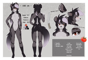 anthro breasts ear_piercing eyebrow_piercing facial_piercing female fur gauged_ear hair knife multicolored_body piercing red_eyes simple_background solo tail text observerdoz stigmata_(observerdoz) hyena mammal 2025 hi_res model_sheet