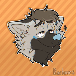 ambiguous_form black_body black_eyebrows black_fur blue_markings blue_nose brown_eyes brown_hair cheek_tuft closed_smile drop_shadow ears_down eyebrows facial_markings facial_tuft fangs fur grey_body grey_fur hair half-closed_eyes head_markings light male markings mouth_closed multicolored_body multicolored_fur narrowed_eyes neck_tuft notched_ear orange_background outline pattern_background pivoted_ears relaxed_expression short_hair simple_background smile solo striped_background teeth text tuft whisker_spots white_outline ractoons canid canine mammal 1:1 2021 artist_name colored digital_drawing_(artwork) digital_media_(artwork) english_description headshot_portrait icon lighting portrait