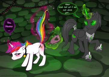 bell bell_collar black_body black_fur blush butt_slap collar cutie_mark dungeon duo feathered_wings feathers female feral fur glowing glowing_eyes glowing_horn green_eyes hair horn magic master multicolored_hair paddle rainbow_hair raised_tail red_eyes slap spanking tail tail_wraps text white_body white_fur wings wraps rukifox hasbro my_little_pony mythology fan_character equid equine mammal mythological_creature mythological_equine unicorn winged_unicorn 2015 digital_media_(artwork) english_text